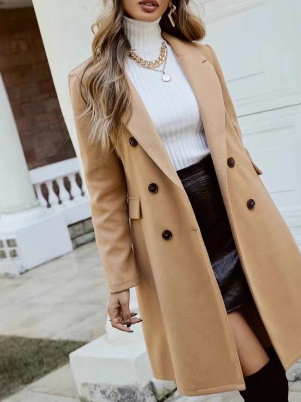 Women’s Double-Breasted Fitted Tailored Coat in Tan Color Size L